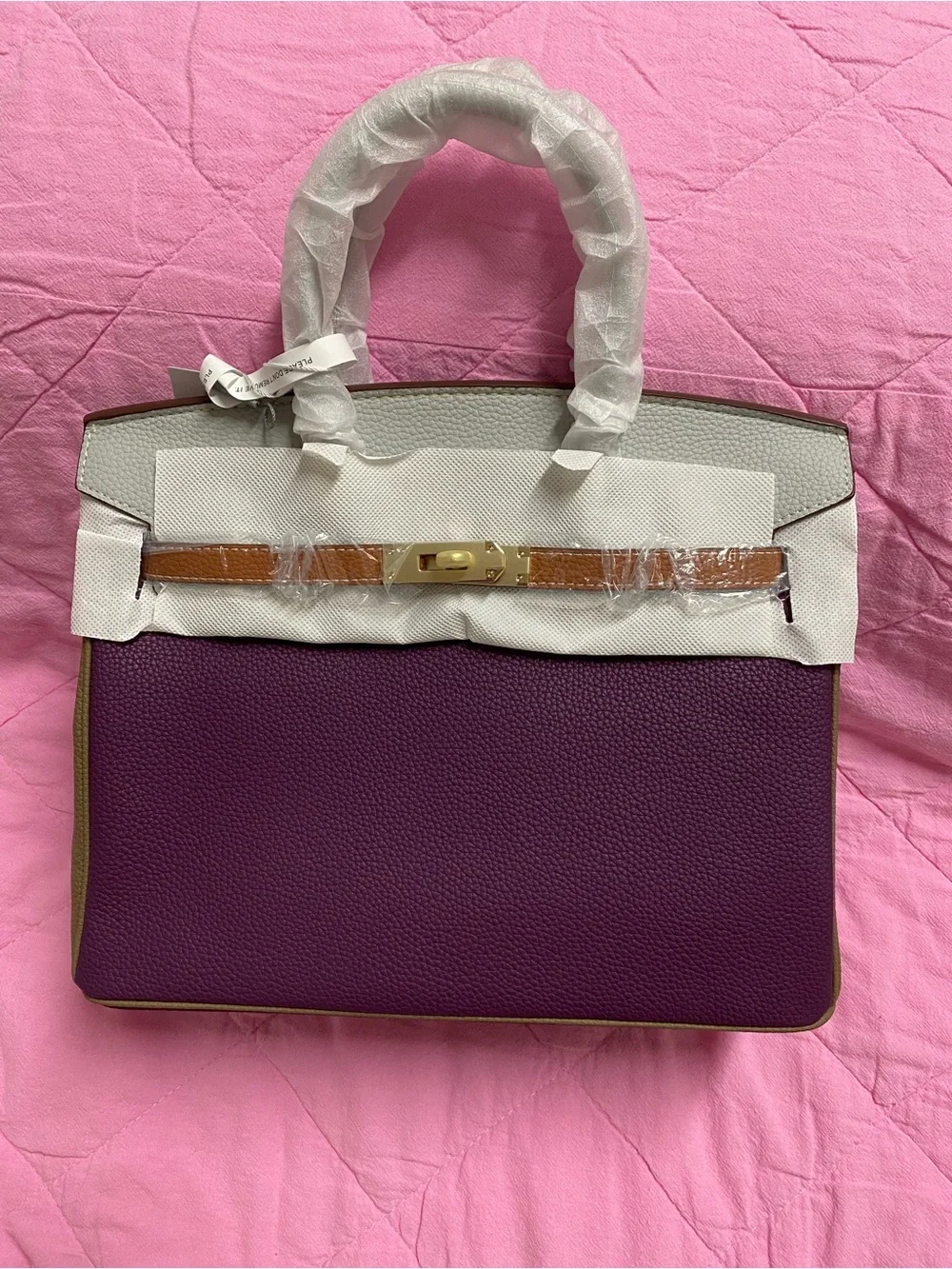 Women's Tri-Color Leather Tote Bag - Purple, White & Brown